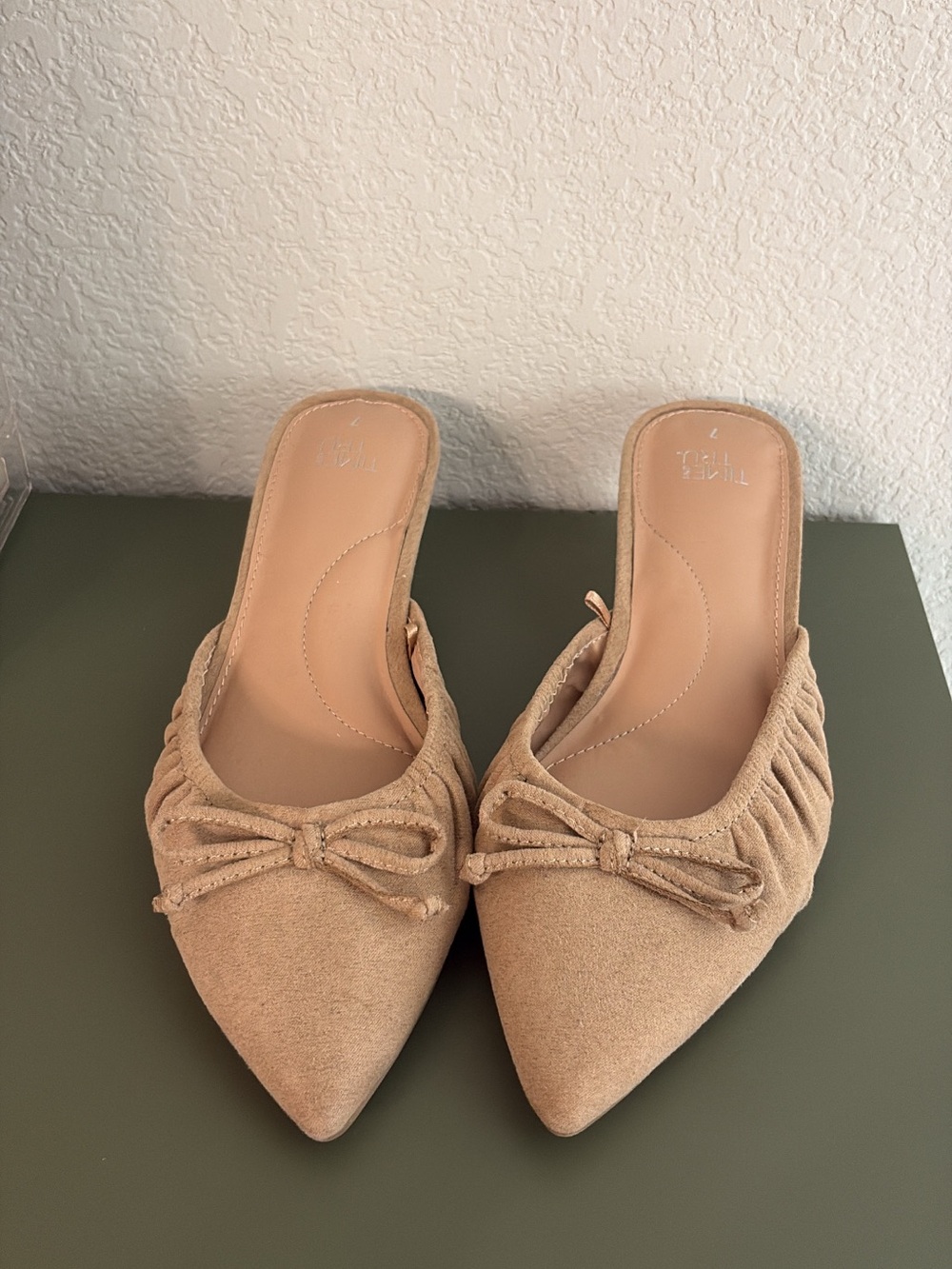 Time and Tru Tan Pointed-Toe Slip-On Mules with Bow Accent